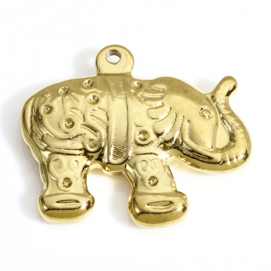 Picture of 1 Piece Vacuum Plating 304 Stainless Steel Charms 18K Gold Plated Elephant Animal 26mm x 22mm