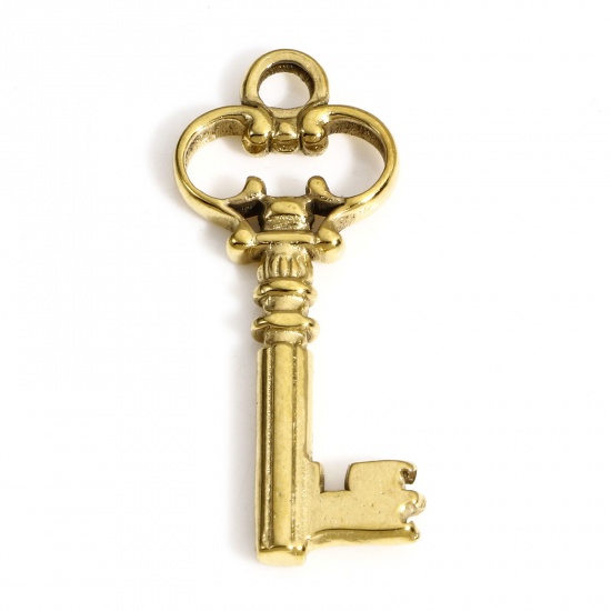 Picture of 1 Piece Vacuum Plating 304 Stainless Steel Charms 18K Gold Plated Key 3cm x 1.3cm