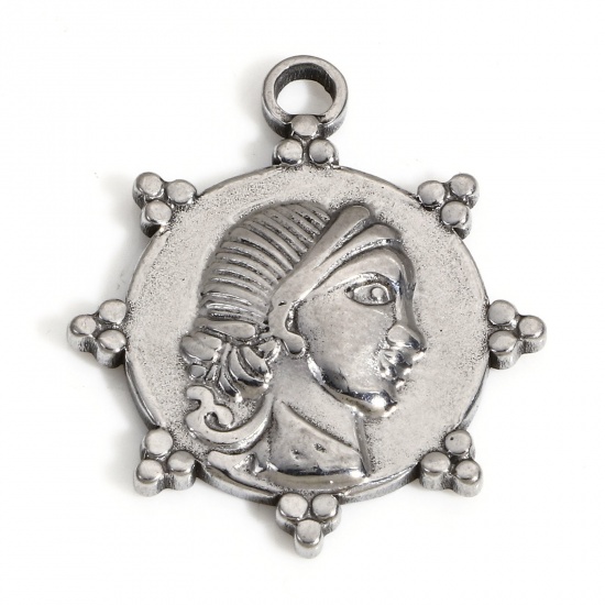 Picture of 1 Piece 304 Stainless Steel Charms Silver Tone Round Beauty Lady 23mm x 20mm