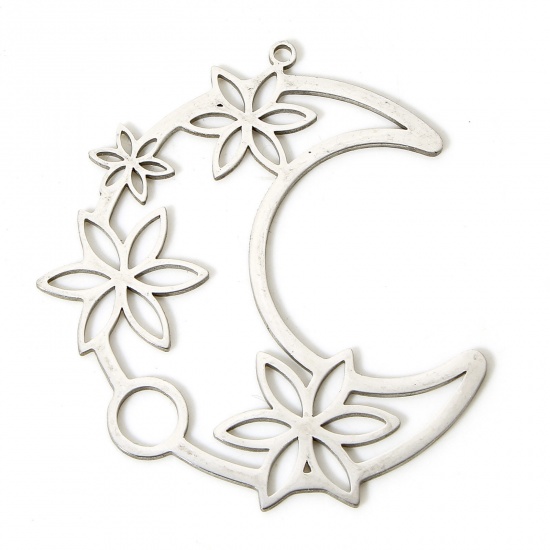 Picture of 5 PCs 304 Stainless Steel Charms Silver Tone Half Moon Flower Hollow 4.5cm x 3.9cm