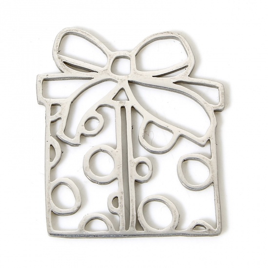 Picture of 5 PCs 304 Stainless Steel Charms Silver Tone Christmas Gift Box Hollow 25mm x 22mm
