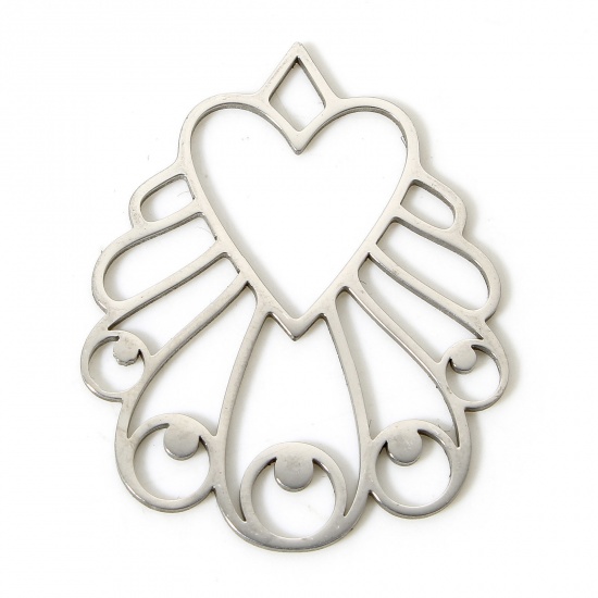 Picture of 5 PCs 304 Stainless Steel Charms Silver Tone Fan-shaped Heart Hollow 3.4cm x 2.7cm