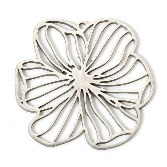 Picture of 5 PCs 304 Stainless Steel Charms Silver Tone Flower Hollow 3cm x 3cm