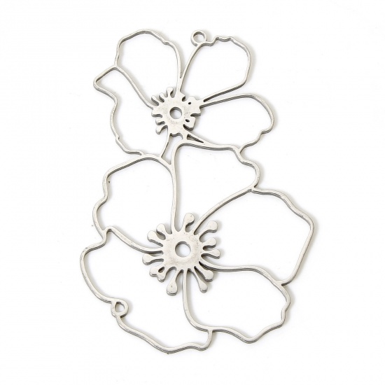 Picture of 5 PCs 304 Stainless Steel Charms Silver Tone Flower Hollow 5.2cm x 3.4cm