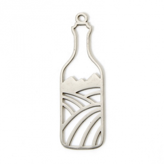 Picture of 5 PCs 304 Stainless Steel Charms Silver Tone Bottle Mountain Hollow 4cm x 1.2cm