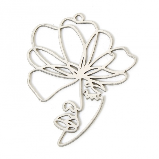Picture of 5 PCs 304 Stainless Steel Charms Silver Tone Flower Hollow 4.4cm x 3.4cm