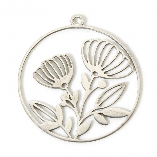 Picture of 5 PCs 304 Stainless Steel Charms Silver Tone Round Calendula Flowers Hollow 3.3cm x 3cm