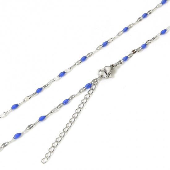 Picture of 1 Piece 304 Stainless Steel Lips Chain Necklace For DIY Jewelry Making Silver Tone Royal Blue Enamel 45.5cm(17 7/8") long, Chain Size: 2mm