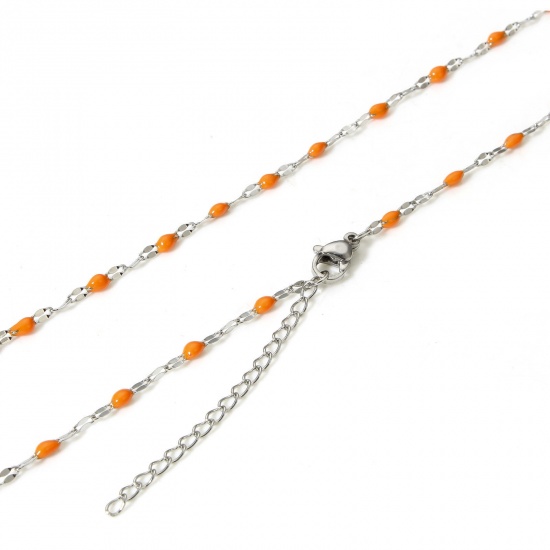 Imagen de 1 Unidad 304 Acero Inoxidable Cadena de Labios Collares Tono de Plata Naranja Esmalte 45.5cm longitud, Cadena: 2mm