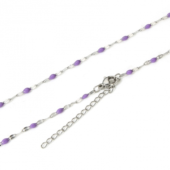 Picture of 1 Piece 304 Stainless Steel Lips Chain Necklace For DIY Jewelry Making Silver Tone Purple Enamel 45.5cm(17 7/8") long, Chain Size: 2mm
