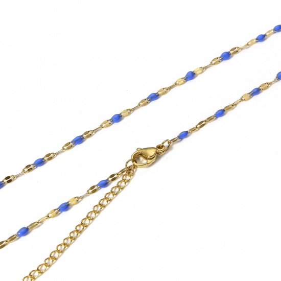 Imagen de 1 Unidad Recubrimiento al Vacío PVD Ecológico 304 Acero Inoxidable Cadena de Labios Collares Chapado en Oro Azul Marino Esmalte 45.5cm longitud, Cadena: 2mm