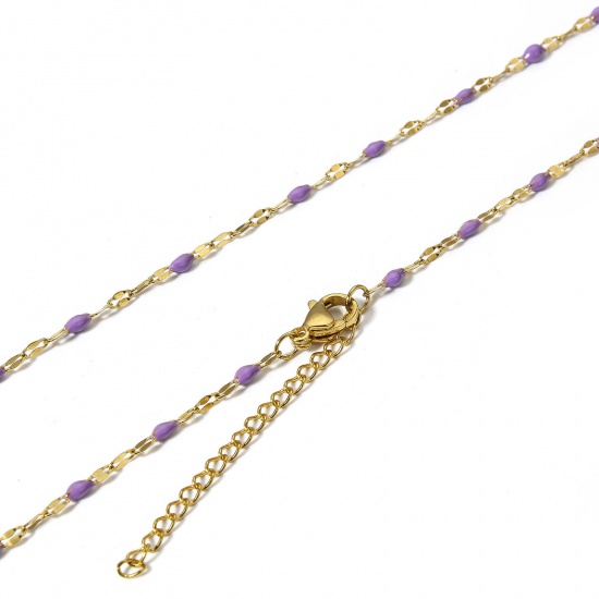 Imagen de 1 Unidad Recubrimiento al Vacío PVD Ecológico 304 Acero Inoxidable Cadena de Labios Collares Chapado en Oro Púrpura Esmalte 45.5cm longitud, Cadena: 2mm