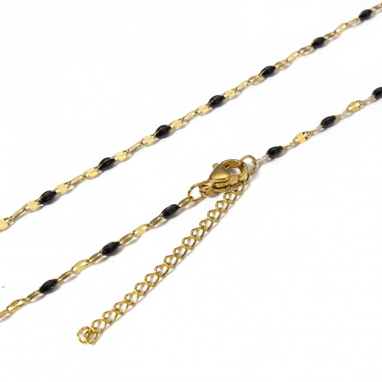 Imagen de 1 Unidad Recubrimiento al Vacío PVD Ecológico 304 Acero Inoxidable Cadena de Labios Collares Chapado en Oro Negro Esmalte 45.5cm longitud, Cadena: 2mm