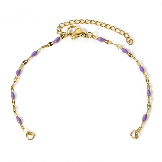 Picture of 1 Piece Eco-friendly Vacuum Plating 304 Stainless Steel Lips Chain Semi-finished Bracelets For DIY Handmade Jewelry Making Gold Plated Purple Enamel 15.5cm(6 1/8") long