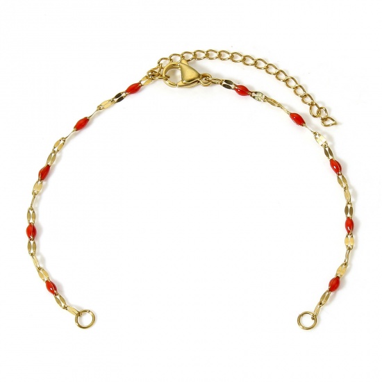 Picture of 1 Piece Eco-friendly Vacuum Plating 304 Stainless Steel Lips Chain Semi-finished Bracelets For DIY Handmade Jewelry Making Gold Plated Red Enamel 15.5cm(6 1/8") long