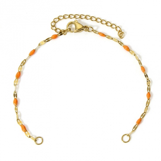 Picture of 1 Piece Eco-friendly Vacuum Plating 304 Stainless Steel Lips Chain Semi-finished Bracelets For DIY Handmade Jewelry Making Gold Plated Orange Enamel 15.5cm(6 1/8") long