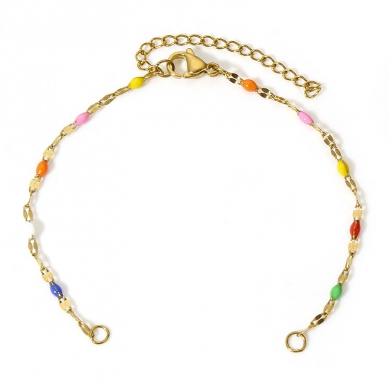 Picture of 1 Piece Eco-friendly Vacuum Plating 304 Stainless Steel Lips Chain Semi-finished Bracelets For DIY Handmade Jewelry Making Gold Plated Multicolor Enamel 15.5cm(6 1/8") long