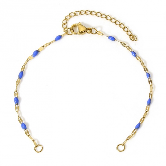 Picture of 1 Piece Eco-friendly Vacuum Plating 304 Stainless Steel Lips Chain Semi-finished Bracelets For DIY Handmade Jewelry Making Gold Plated Royal Blue Enamel 15.5cm(6 1/8") long