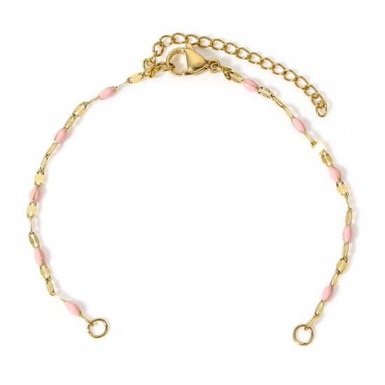 Picture of 1 Piece Eco-friendly Vacuum Plating 304 Stainless Steel Lips Chain Semi-finished Bracelets For DIY Handmade Jewelry Making Gold Plated Pink Enamel 15.5cm(6 1/8") long
