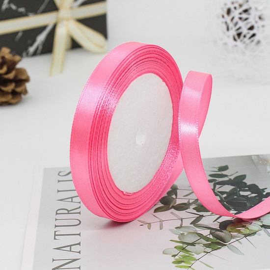 Immagine di 1 Rotolo (Circa 25 Yard/Rotolo) Raso Nastro Fai-da-te Confezione Regalo per Festa di Nozze Decorazione Artigianale per Cucire Rosa Caldo 10mm