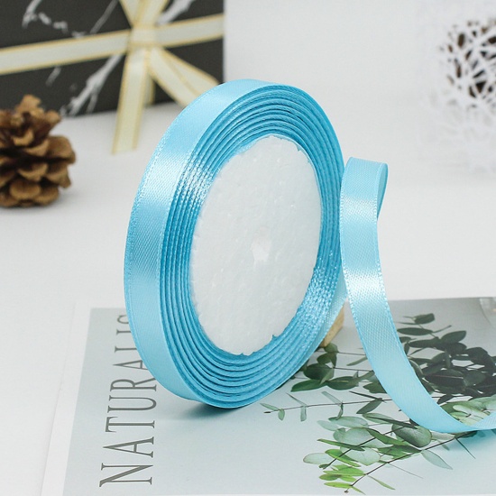 Immagine di 1 Rotolo (Circa 25 Yard/Rotolo) Raso Nastro Fai-da-te Confezione Regalo per Festa di Nozze Decorazione Artigianale per Cucire Azzurro 10mm