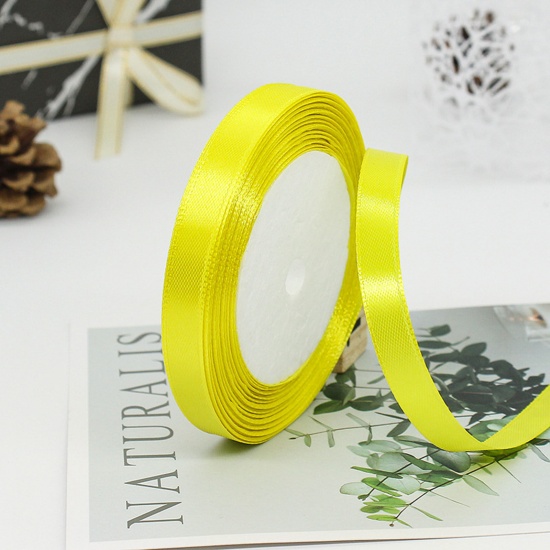 Immagine di 1 Rotolo (Circa 25 Yard/Rotolo) Raso Nastro Fai-da-te Confezione Regalo per Festa di Nozze Decorazione Artigianale per Cucire Giallo Limone 10mm