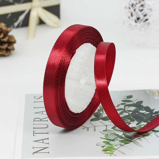 Immagine di 1 Rotolo (Circa 25 Yard/Rotolo) Raso Nastro Fai-da-te Confezione Regalo per Festa di Nozze Decorazione Artigianale per Cucire Colore di Vino Rosso 10mm