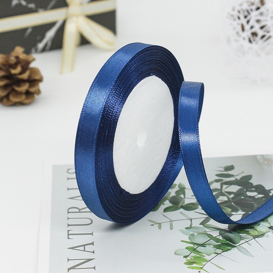 Immagine di 1 Rotolo (Circa 25 Yard/Rotolo) Raso Nastro Fai-da-te Confezione Regalo per Festa di Nozze Decorazione Artigianale per Cucire Blu Scuro 10mm