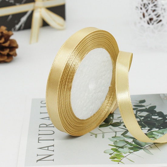 Immagine di 1 Rotolo (Circa 25 Yard/Rotolo) Raso Nastro Fai-da-te Confezione Regalo per Festa di Nozze Decorazione Artigianale per Cucire Oro 10mm