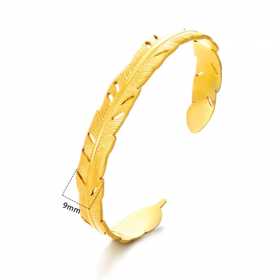 Bild von 1 Stück Umweltfreundliche Vakuumbeschichtung 304 Edelstahl Offen Manschette Armreife Armband 18K Gold Blätter Textil 5.8cm D.
