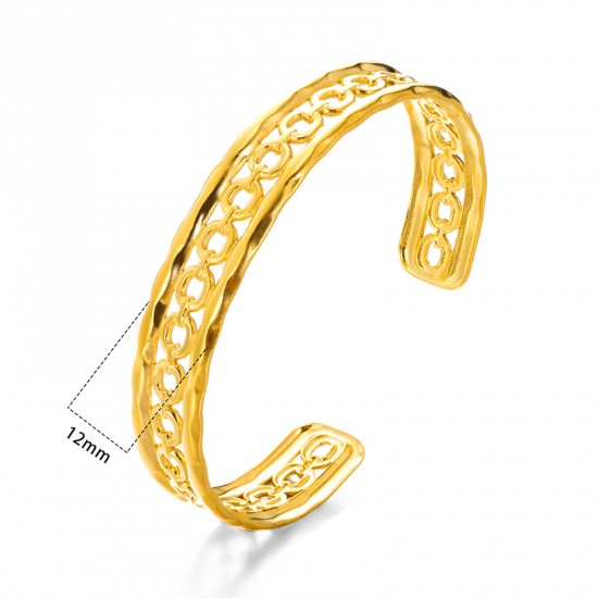 Bild von 1 Stück Umweltfreundliche Vakuumbeschichtung 304 Edelstahl Offen Manschette Armreife Armband 18K Gold Webart Texturiert Textil 5.8cm D.