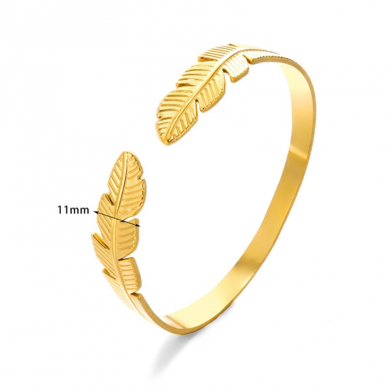 Picture of 1 Piece Eco-friendly Vacuum Plating 304 Stainless Steel Open Cuff Bangles Bracelets 18K Gold Plated Monstera Leaf Textured 5.8cm Dia.