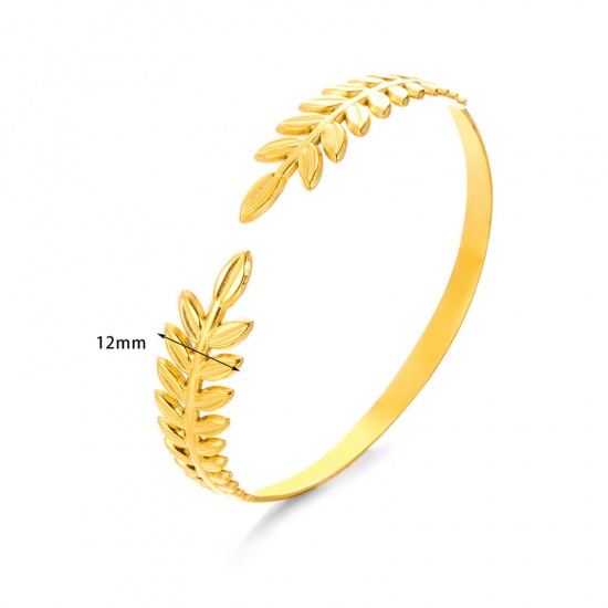 Picture of 1 Piece Eco-friendly Vacuum Plating 304 Stainless Steel Open Cuff Bangles Bracelets 18K Gold Plated Leaf Textured 5.8cm Dia.