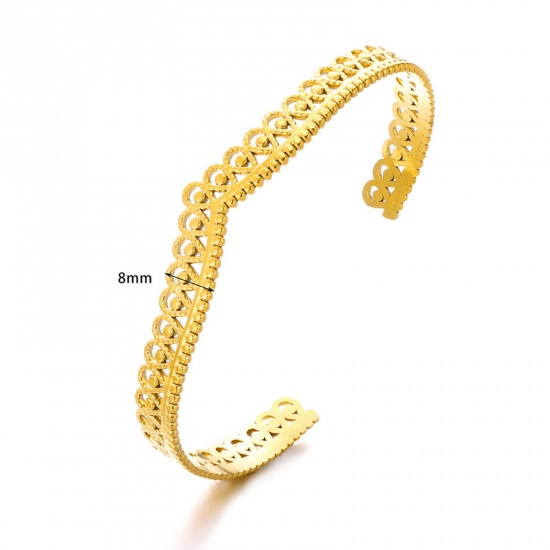 Picture of 1 Piece Eco-friendly Vacuum Plating 304 Stainless Steel Open Cuff Bangles Bracelets 18K Gold Color Weave Textured Textured 5.8cm Dia.