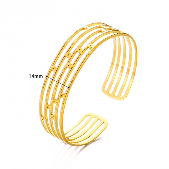 Picture of 1 Piece Eco-friendly Vacuum Plating 304 Stainless Steel Open Cuff Bangles Bracelets 18K Gold Plated Stripe Textured 5.8cm Dia.