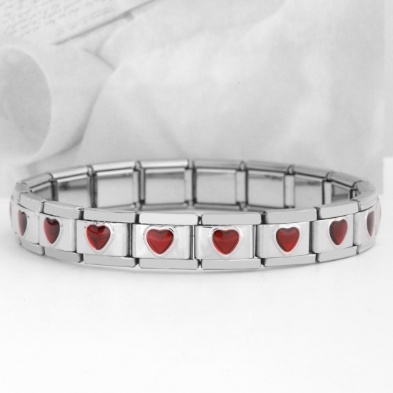 Image de 1 Pièce Bracelets Modulaires à Maillons de Pendentifs Italiens en 304 Acier Inoxydable Argent Mat Rectangle Cœur à Strass Rouge 20cm long
