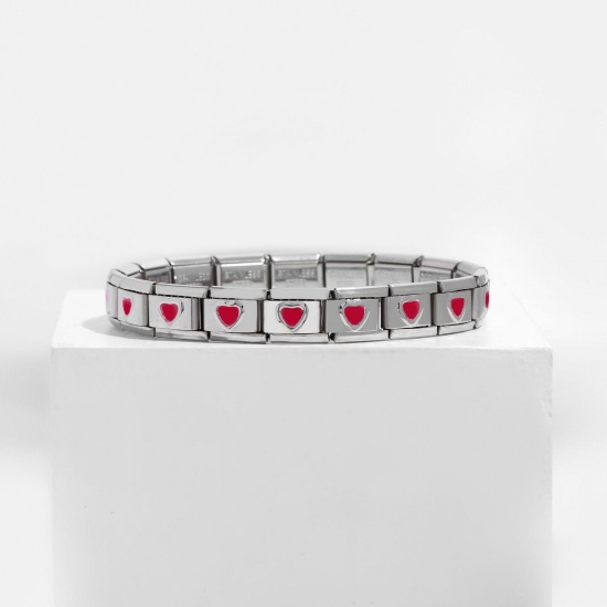 Bild von 1 Stück 304 Edelstahl italienischer Charm mit 18 Gliedern, modulare Armbänder, silberfarben, rot, rechteckig, Herz-Emaille, 20 cm lang