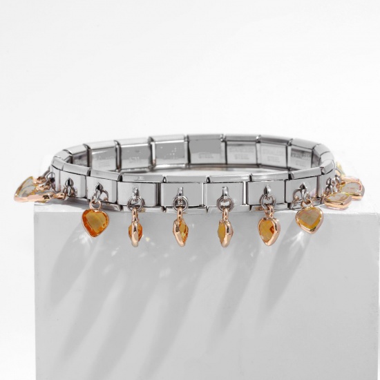 Bild von 1 Stück 304 Edelstahl italienischer Charm 18 Glieder modulare Armbänder silberfarbenes rechteckiges Herz Champagner Strass 20 cm lang