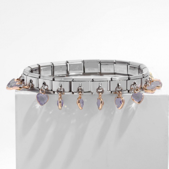 Bild von 1 Stück 304 Edelstahl italienischer Charm mit 18 Gliedern, modulare Armbänder, silberfarbenes, rechteckiges Herz, lila Strass, 20 cm lang