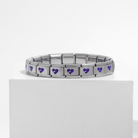 Bild von 1 Stück 304 Edelstahl italienischer Charm mit 18 Gliedern, modulare Armbänder, silberfarben, violett, rechteckig, Pfeil durch Herz, Emaille, 20 cm lang