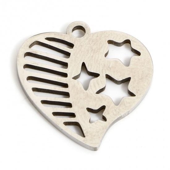 Picture of 1 Piece Eco-friendly 304 Stainless Steel Valentine's Day Charms Silver Tone Heart Star Hollow 15.5mm x 15mm