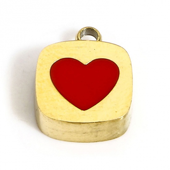Picture of 1 Piece Vacuum Plating 304 Stainless Steel Stylish Charms Gold Plated Red Square Heart Enamel 11mm x 9mm