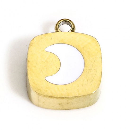 Picture of 1 Piece Vacuum Plating 304 Stainless Steel Stylish Charms Gold Plated White Square Moon Enamel 11mm x 9mm