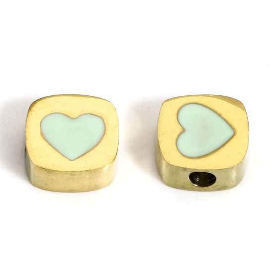 Picture of 1 Piece Vacuum Plating 304 Stainless Steel Stylish Beads For DIY Charm Jewelry Making Square Gold Plated Green Heart Enamel 8mm x 8mm, Hole: Approx 2mm