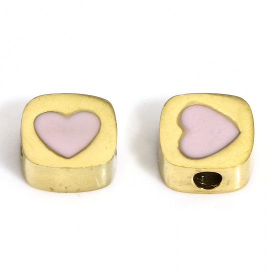 Picture of 1 Piece Vacuum Plating 304 Stainless Steel Stylish Beads For DIY Charm Jewelry Making Square Gold Plated Pink Heart Enamel 8mm x 8mm, Hole: Approx 2mm