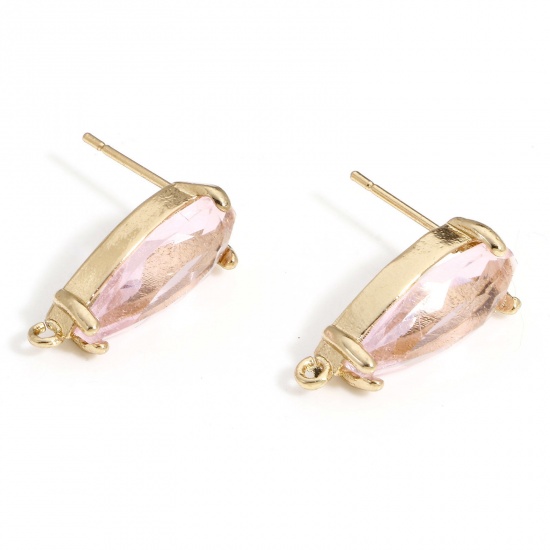 Picture of 1 Pair Brass & Glass Ear Post Stud Earrings Gold Plated Pink Drop With Loop 19mm x 8mm, Post/ Wire Size: (20 gauge)                                                                                                                                           