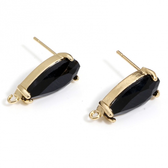 Picture of 1 Pair Brass & Glass Ear Post Stud Earrings Gold Plated Black Drop With Loop 19mm x 8mm, Post/ Wire Size: (20 gauge)                                                                                                                                          