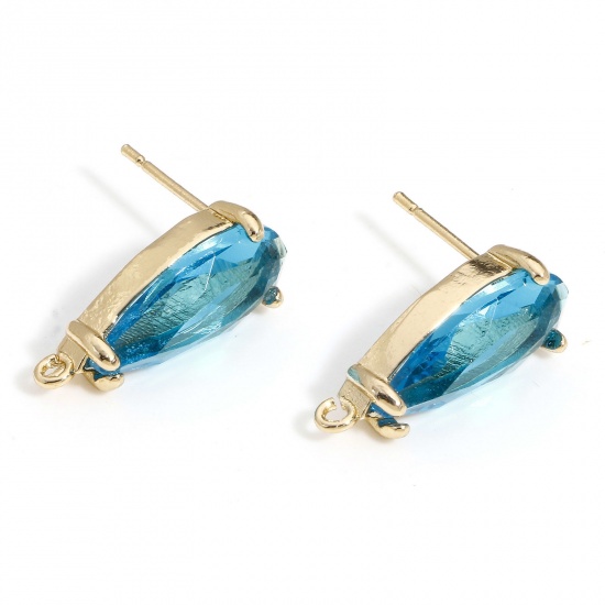 Picture of 1 Pair Brass & Glass Ear Post Stud Earrings Gold Plated Lake Blue Drop With Loop 19mm x 8mm, Post/ Wire Size: (20 gauge)                                                                                                                                      