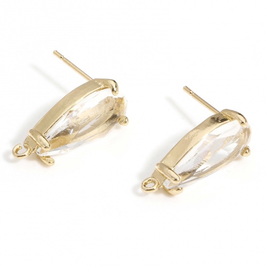 Picture of 1 Pair Brass & Glass Ear Post Stud Earrings Gold Plated Transparent Clear Drop With Loop 19mm x 8mm, Post/ Wire Size: (20 gauge)                                                                                                                              