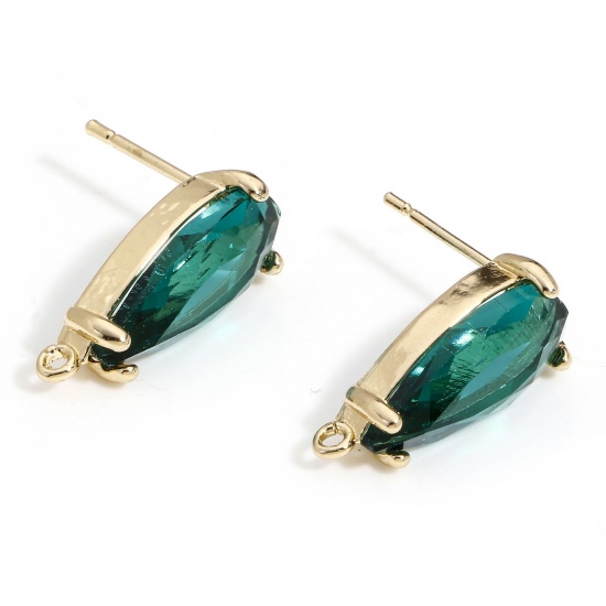 Picture of 1 Pair Brass & Glass Ear Post Stud Earrings Gold Plated Peacock Green Drop With Loop 19mm x 8mm, Post/ Wire Size: (20 gauge)                                                                                                                                  